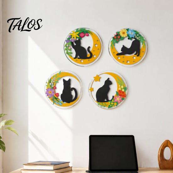 Cat Wall Art Decor 4Pcs Wooden Decor, 2D Flat Round with Flower Entryway Theme Moon Elements, Lightweight Decorative Hanging Signs for Living