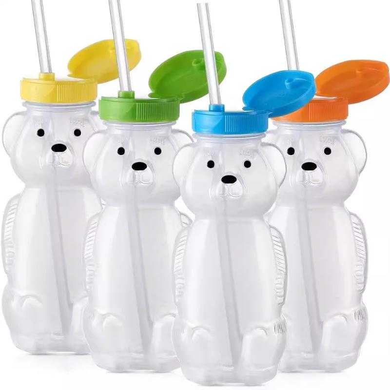 Kreslený hrníček s medvídkem a ohebným brčkem, těsnící, mačkací hrníček, roztomilý mačkací hrníček odolný proti protečení pro miminka