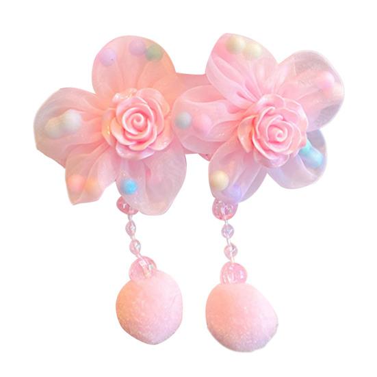 Hair Tie Soft Organza Flower Shape Hair Rope with Plush Tassels Imitation Pearls Decor High Elastic Band Bun Holder Hair Accessories