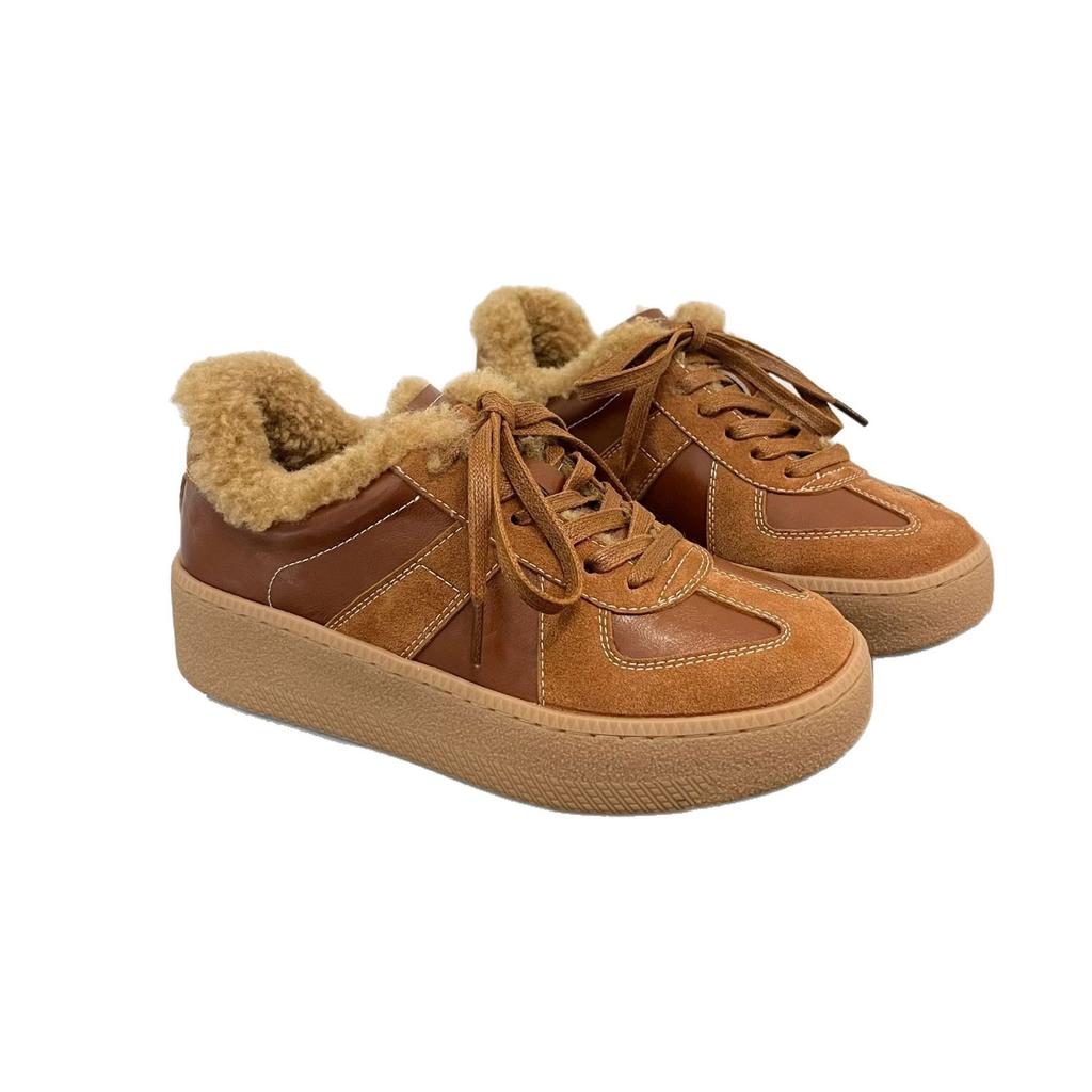 Fleece Leather German Training Shoes for Women, New Cotton Winter Wool Flat-bottomed Casual Board Shoes Forrest Gump Shoes