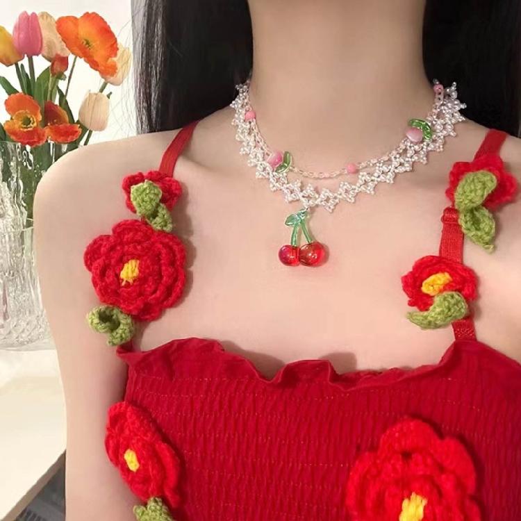 Double Layer Pearl Choker Strawberry Pendant Necklace Collar Necklace