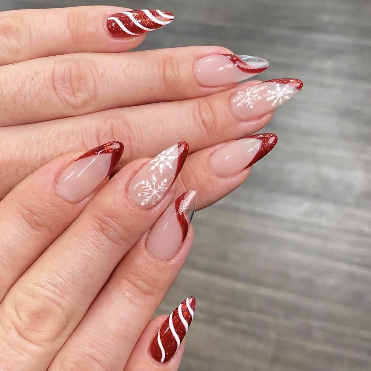 

Almond French Red & White Striped Glitter Snowflake Christmas Press-on Nails