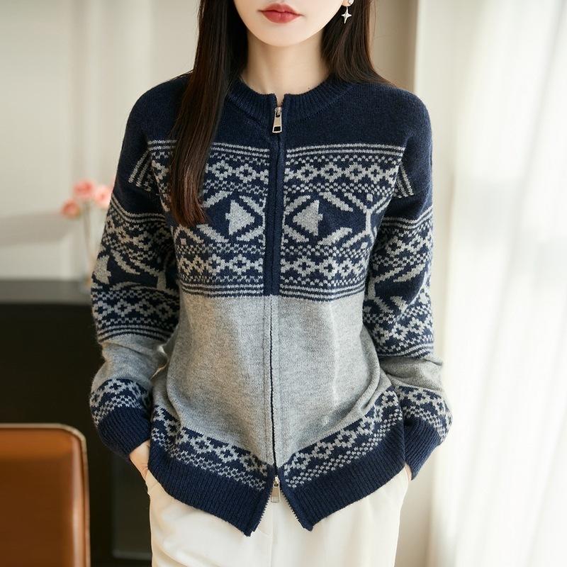 Retro Jacquard Double Zipper Round-neck Knitted Sweater for Women, Long Cardigan Coat, Suitable for All Seasons, Loose-fitting Thick Women's Top