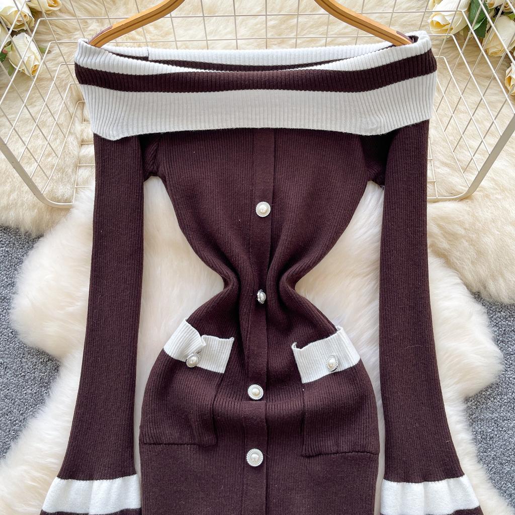 Kobiety Sukienka Bodycon z Odkrytymi Ramionami Jesień Długi Rękaw Metalowy Guzik Odzież Robocza Damska Dzianinowa Sukienka Mini w Bloki Kolorów Sexy