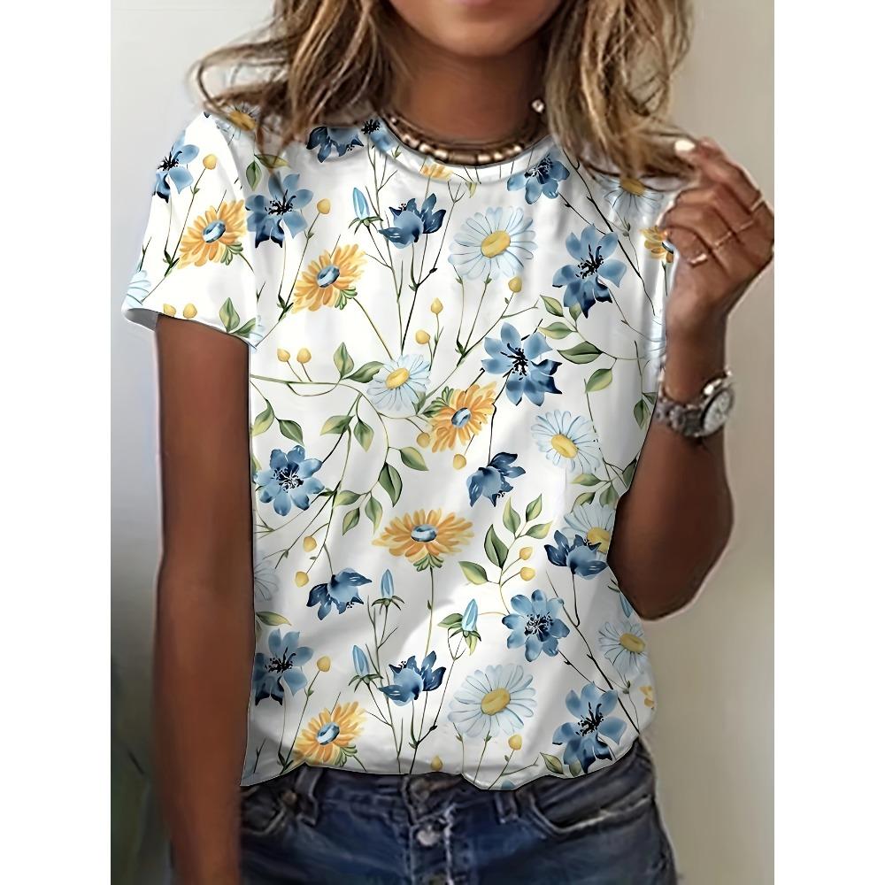Женская футболка - Сине-желтый цветочный узор XS