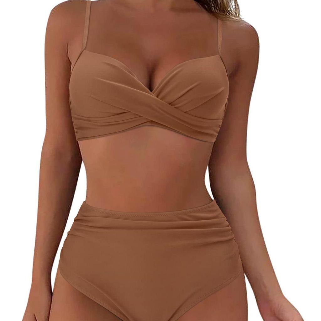 European & American Women's Multicolor High Waist Slimming Bikini with Split Hard Cup Design