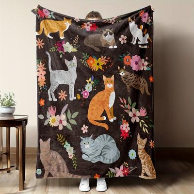 Cartoon Cat with Flowers Flannel Printed Blanket Suitable for All Seasons Suitable for Living Room Office Sofa and Travel