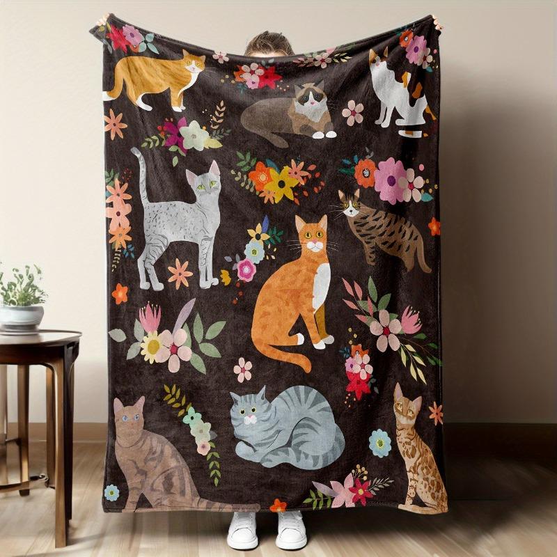 

Cartoon cat with flowers Flannel printed blanket suitable for all seasons suitable for living room office sofa and travel 75x100cm