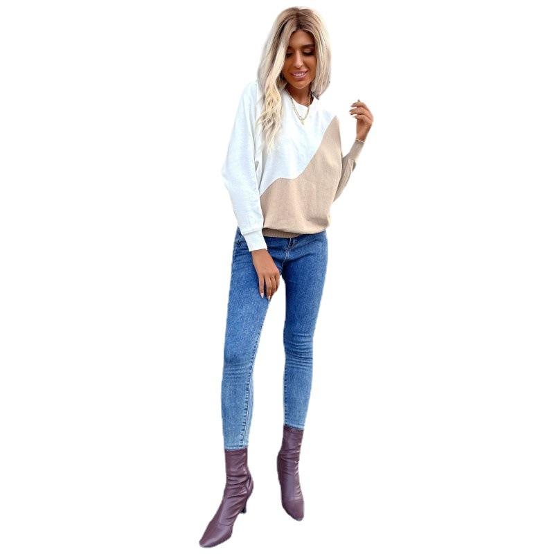 Vintage Fashion Elegant Casual Autumn Color Blocking Round Neck Long Sleeve Pullover Thin Knitted Sweater Women