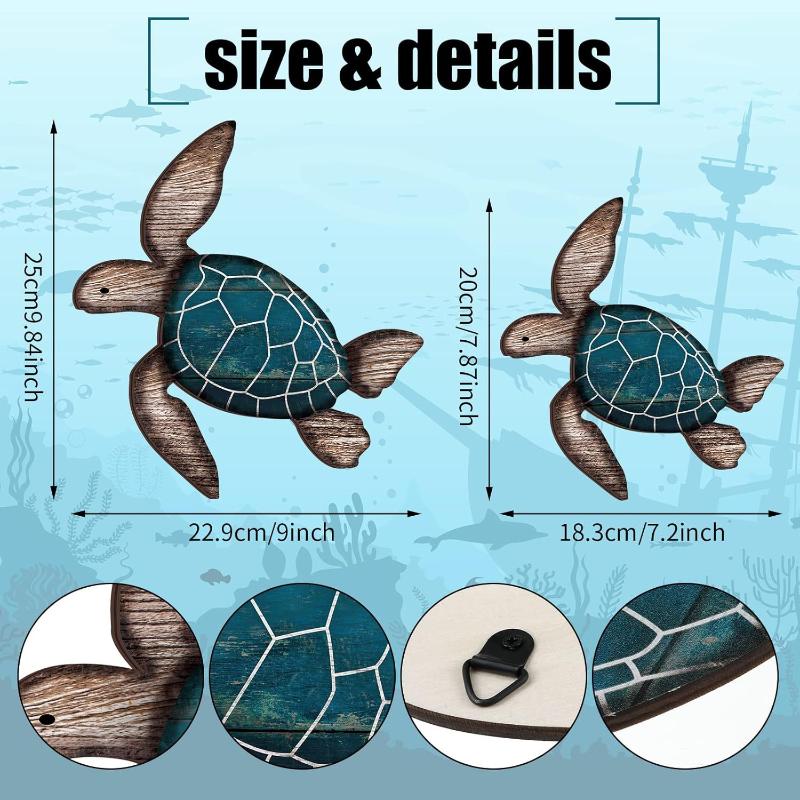 2pcs/set Wooden Turtle Wall Hanging Painting Farmhouse Turtle Hanging Decoration Beach Theme Decoration