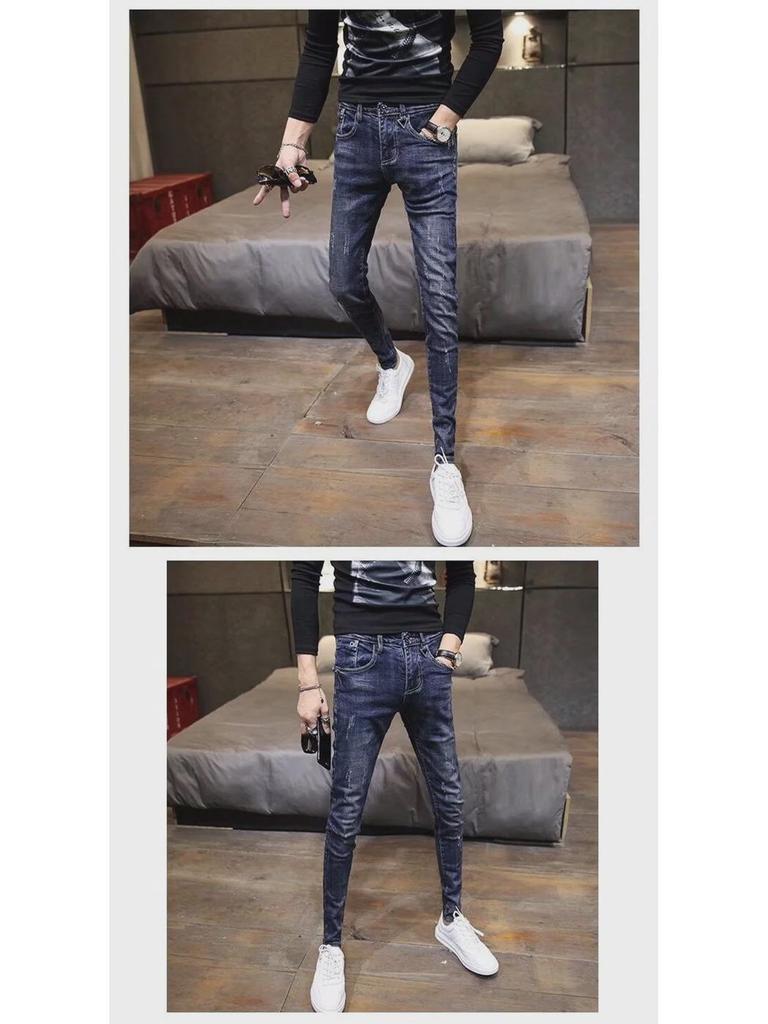 Men's Trendy Ripped Skinny Jeans - Spring Korean Style, Slim Fit, Nine-Point Length