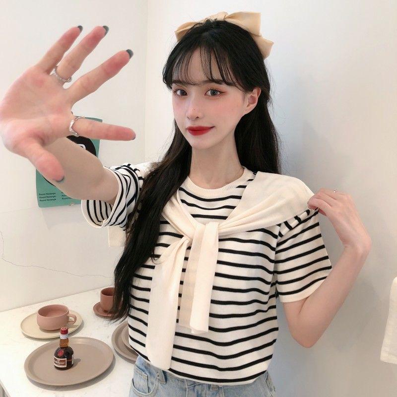 Summer 2024 Women's Fashion: Western-Style Striped Short-Sleeved Shawl T-Shirt