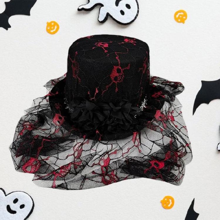 Wide Border Witch Hat Flower Decorative Hat Skull Pattern Hat Vintages Look Hat for Dress Up Event