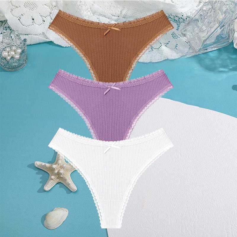 FINETOO 3PCS/Set Women Cotton Panties 5 Solid Color Low Waist Threaded G-string Lingerie Fashion Sexy thongBreathable Underpants