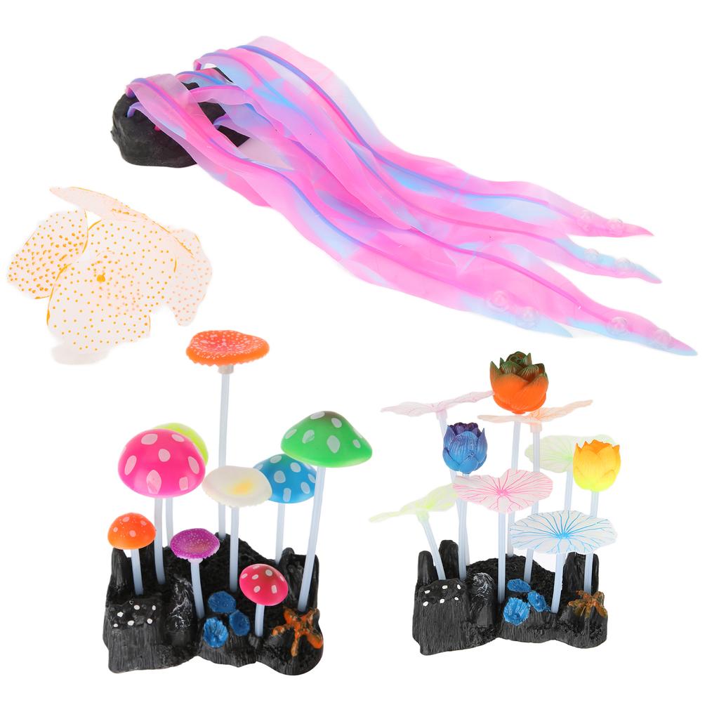 4 Pack Simulation Mushrooms Aquarium Decoration Coral Mushroom Soft Silicone Glow Plant