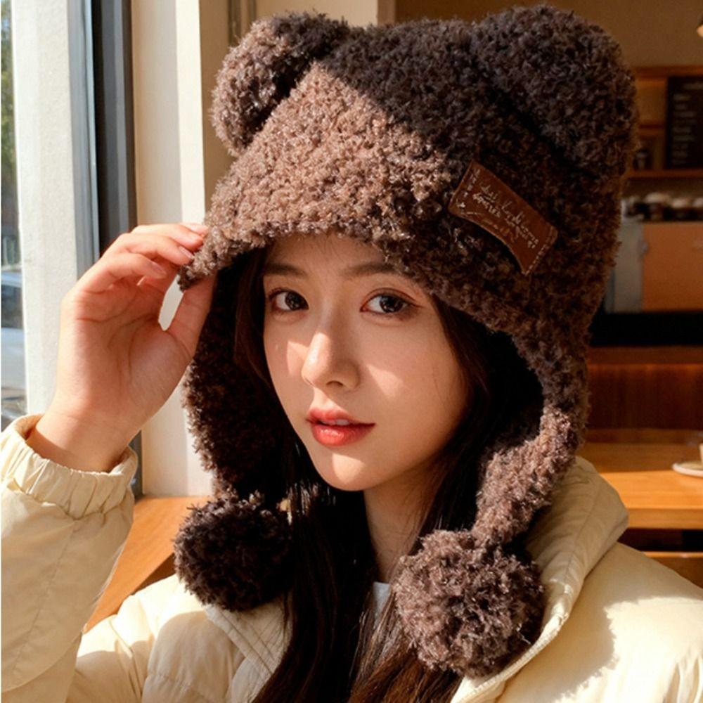 Fluffy Knitted Cap Wool Balaclava Hat Leisure Little Bear Ears Hat Female/Girls