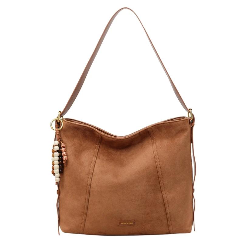 

Solid Color Faux Suede Sewing Tote Bag Retro Sweet Commuting Shoulder Bags 2026 Fashi Large Capacity Versatile Bags for Women коричневий