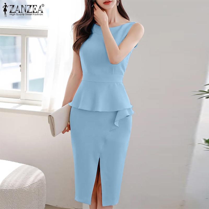 

ZANZEA женские летние элегантные платья без рукавов с круглым вырезом и рюшами на бедрах