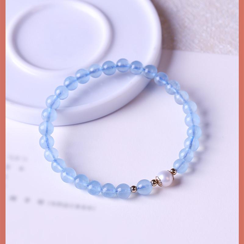 Natural aquamarine round bead bracelet paired with freshwater pearls and small gold beads, single-loop unisex bracelet, travel souvenir bracelet