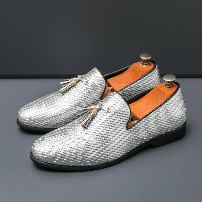 Nowe Luksusowe Metaliczne Połysk Tkany Wzór Męskie Buty Imprezowe Wsuwane Skórzane Mokasyny Buty Wizytowe na Bal Maturalny Ślubne Srebrne Buty Buty