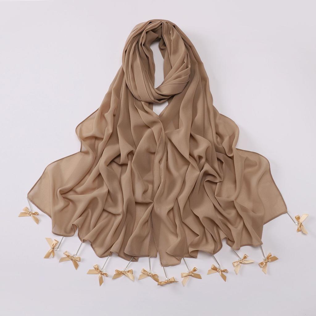 New Chiffon Hijab Veil Scarf Hand-Sewn Glass Tube Bow Long Scarf Gauze Horse Muslim Women Hijab Islam Turban Headscarves Ladies