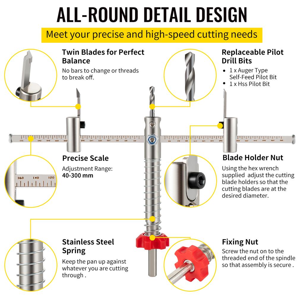 SucceBuy Adjustable Steel Hole Saw Cutter Kit 40-200mm w/ Shield Hole Cutter Drill Bit DIY Tool Sheetrock Veneer Slate