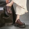 Johnature British Style Genuine Leather Round Toe Thick Heel Slippers Comfortable Thick Soled Women's Shoes