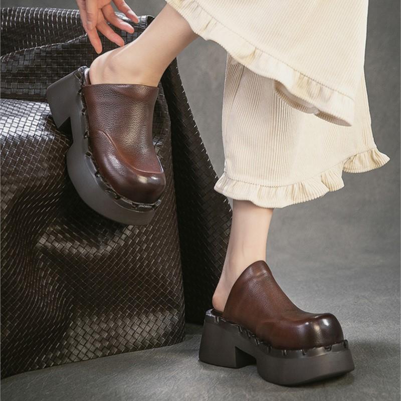 Johnature British Style Genuine Leather Round Toe Thick Heel Slippers Comfortable Thick Soled Women's Shoes