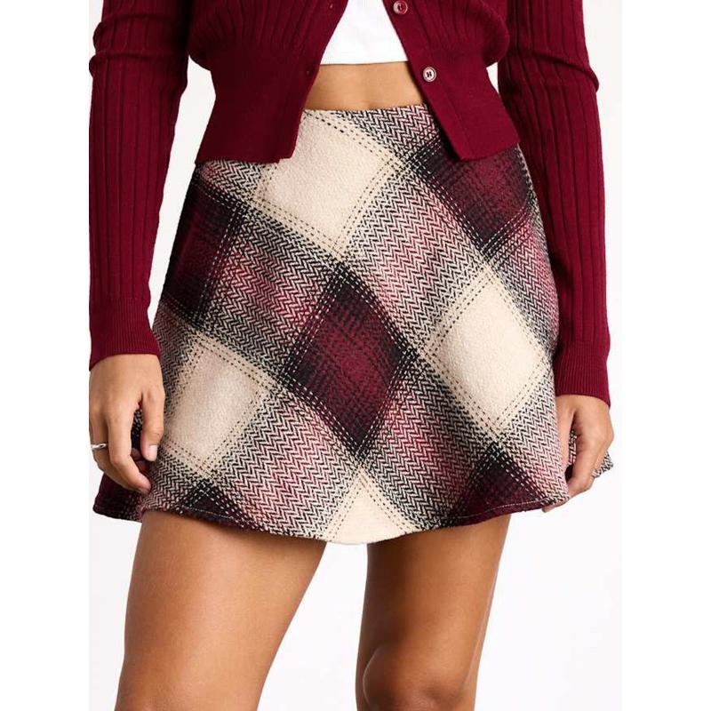 Women's High Waist Plaid Wool Blend Mini Skirt A-Line Casual Fall Winter Vintage Flowy Soft Skirt Outfits Women's Above Knee Length Work Short Skirts