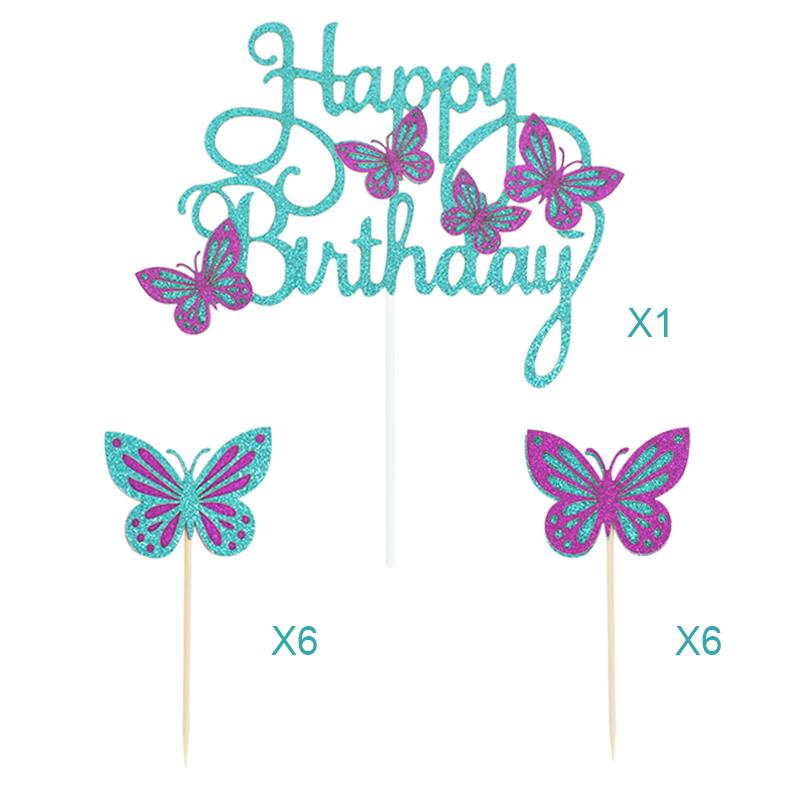 13Pcs Pink Butterfly Happy Birthday Cake Topper Kids Girl 1st Birthday Party Cake Decoration Dessert Cupcake Topper Supplies