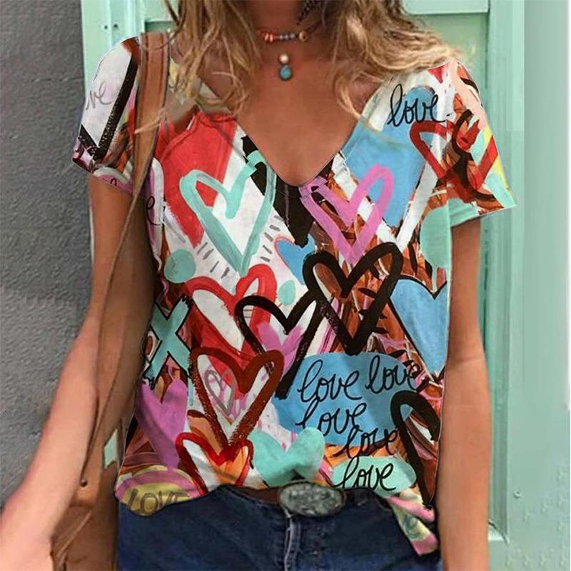 Colorful Heart 3D Print T Shirt Women Retro Short Sleeve V-Neck T-shirts Y2k Top Harajuku Streetwear Oversized Tee Girls Clothes