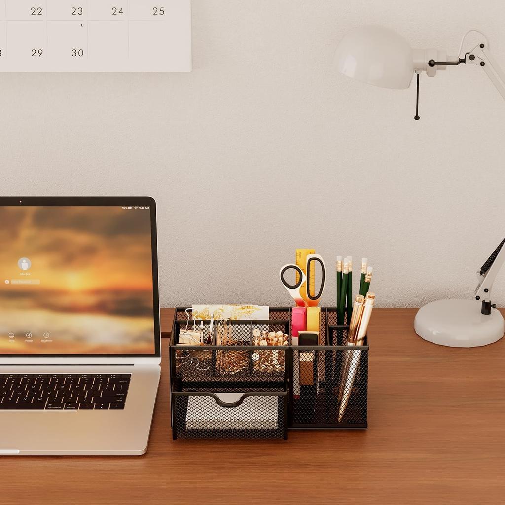 Mesh Pen Holder for Desk 8 Compartment Desk Organizer for Pens Pencils Sticky Notes Clips Office Accessories