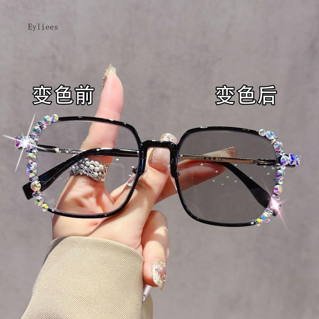 Shiny Diamond Photochromic Myopia Glasses Ultra Light Frame High-end Color Changing Eyewear Large Frame Anti Blue Light Glasses