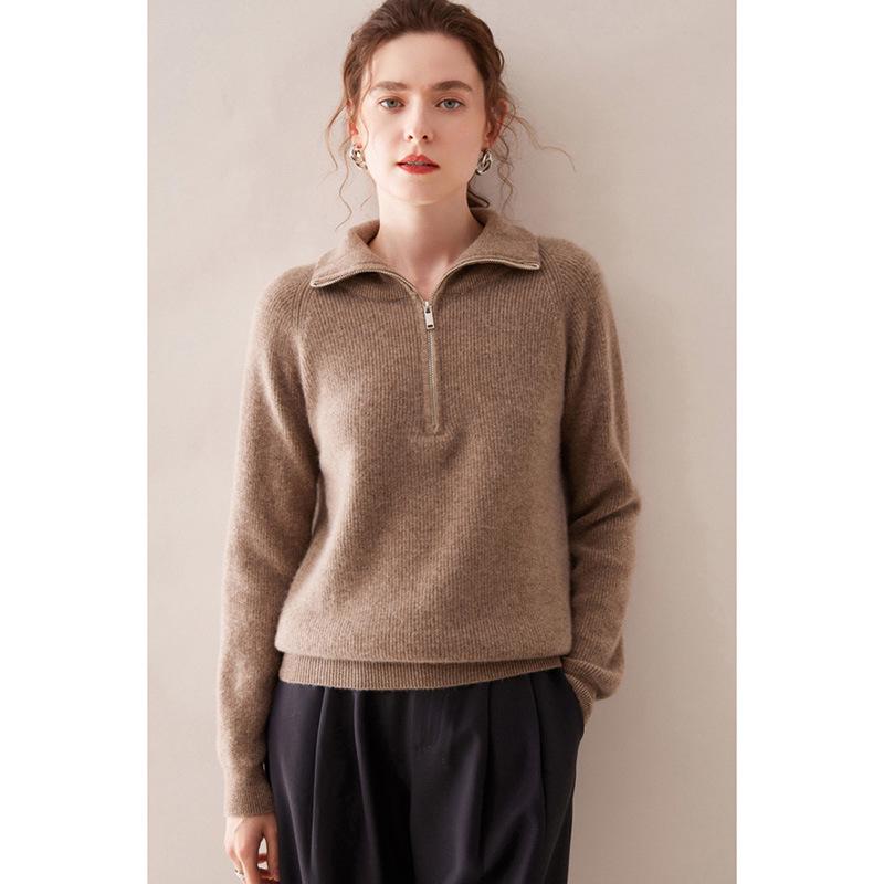 2026 Autumn/Winter Women's 100% Wool Zipper Pullover Sweater - Thick, Loose, and Cozy Base Layer