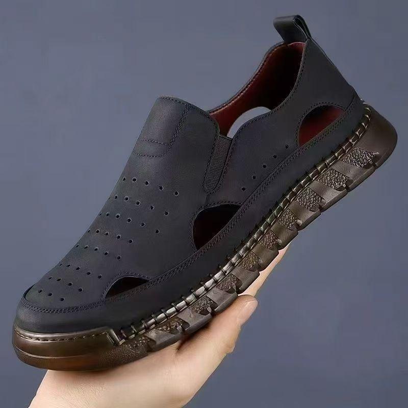 

Spring and summer hollow breathable men s shoes new leather cover foot bag head sandals men s large size beach shoes 39 чёрный