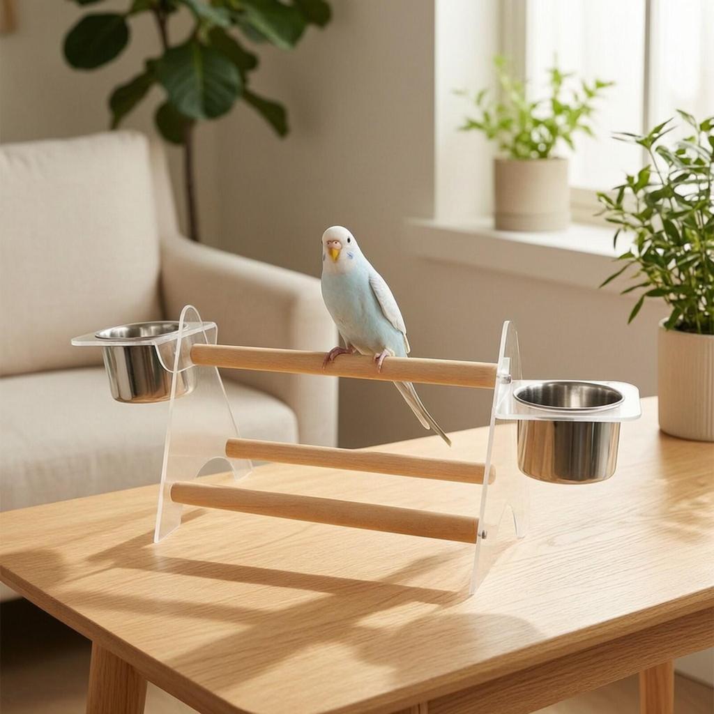 Parrot Play Stand with Cups Wooden Tabletop Bird Perch Compact for Counter