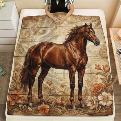 1 Stück Retro Pferd Blumenmuster Flanelldecke, Hohe Qualität für alle Jahreszeiten, Heimdekoration, Wärme und Komfort, Perfekt für Weihnachtsgeschenke