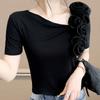Summer New Women's Cotton T-shirts Short Sleeve Tops Trendy Elegant 3D Flower Designer Tees