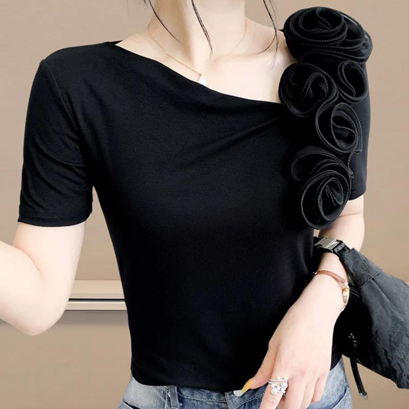 Summer New Women's Cotton T-shirts Short Sleeve Tops Trendy Elegant 3D Flower Designer Tees