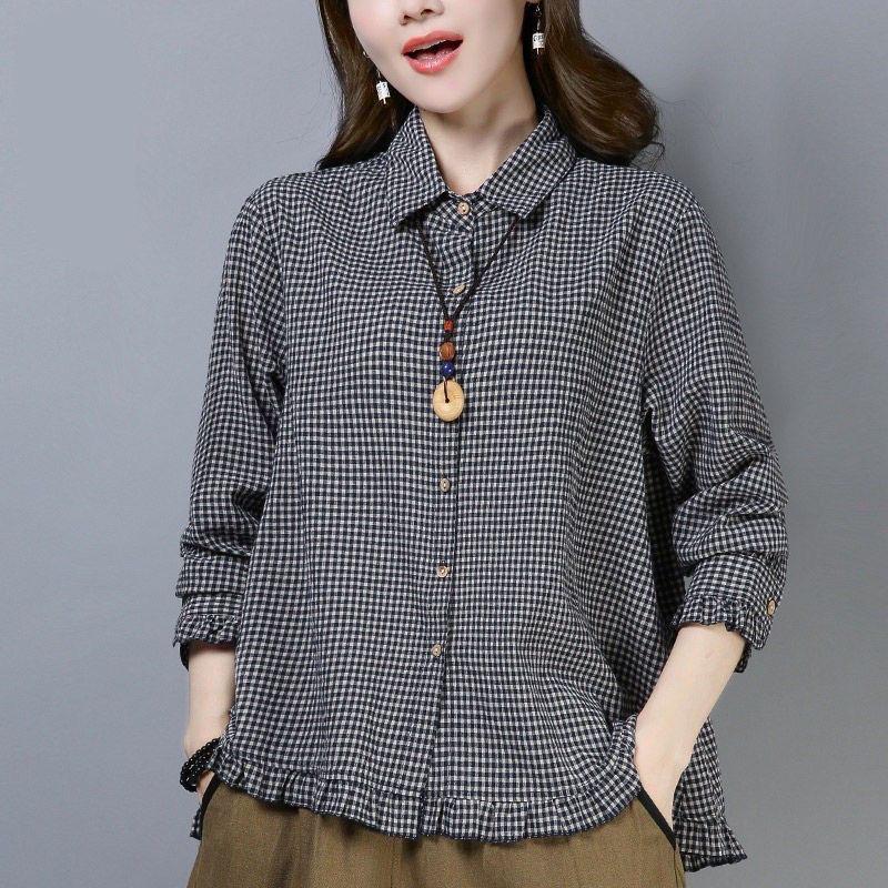 Spring Autumn Women's Shirt Casual Turn Down Collar Long Sleeve Loose Plaid Blouse