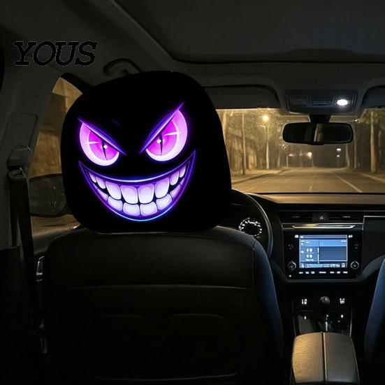 Polyester Seat Covers 2Pcs Spooky Car Headrest Covers, Cartoon Evil Face Auto Protectors, Elastic Protectors for Cars Trucks SUVs Easy