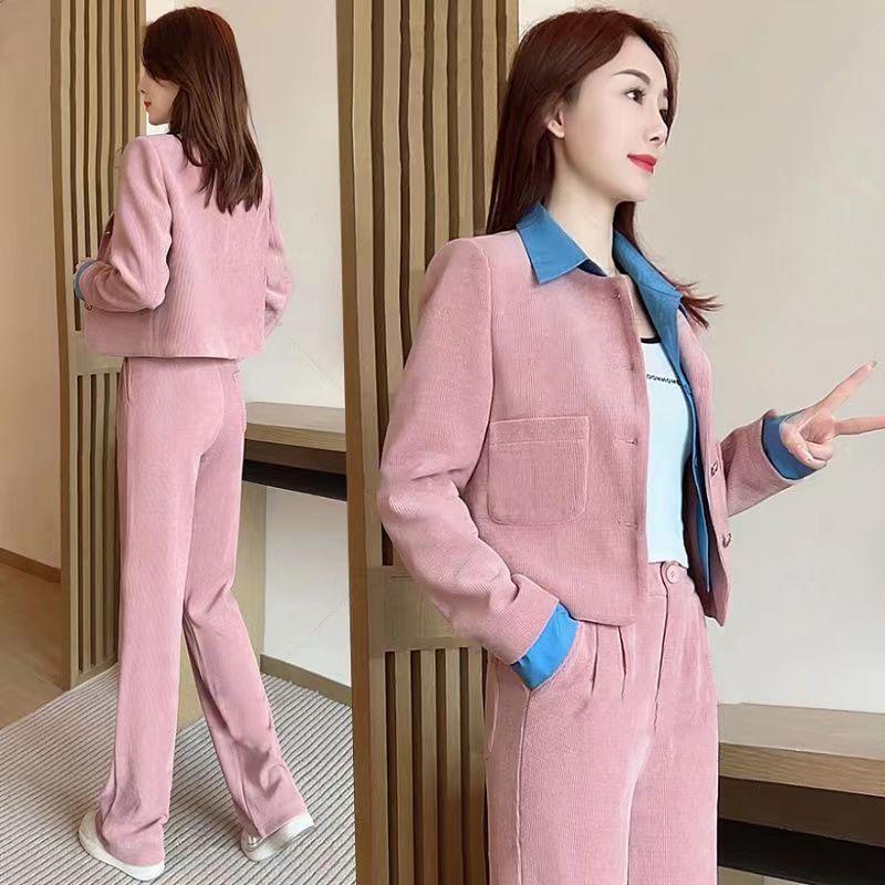 Trendy Spring & Autumn Women's Two-Piece Suit: Long-Sleeve Coat & Wide-Leg Pants - Slimming & Youthful Look