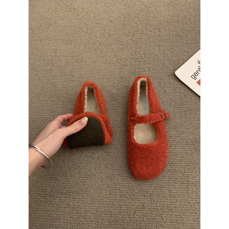 Fashion Fashion Round Toe Wool Ballet Flats Woman Concise Warm Plush Loafers Ladies Brand Design Fluffy Mary Jane Shoes In Red Grey