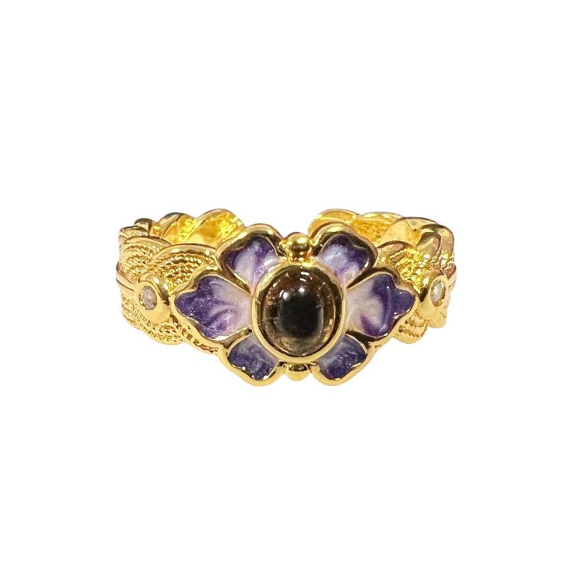 Violet Purple Enamel Drip Open Ring Medieval French High Sense Flower Ring Female