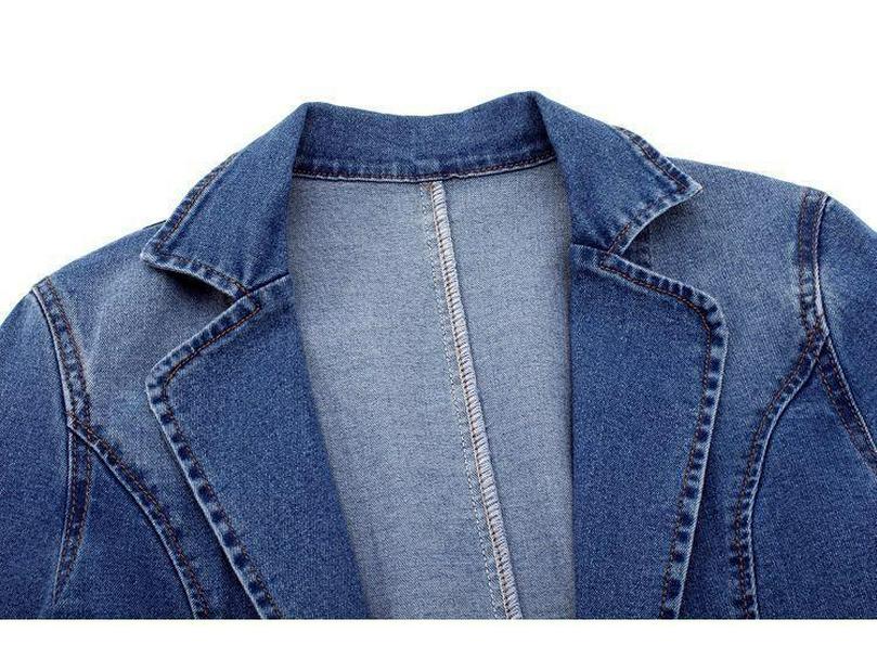 Dameslimfit denimjakke, dresskrage, ensfarget, cardigan med én knapp - trendy vår og høst
