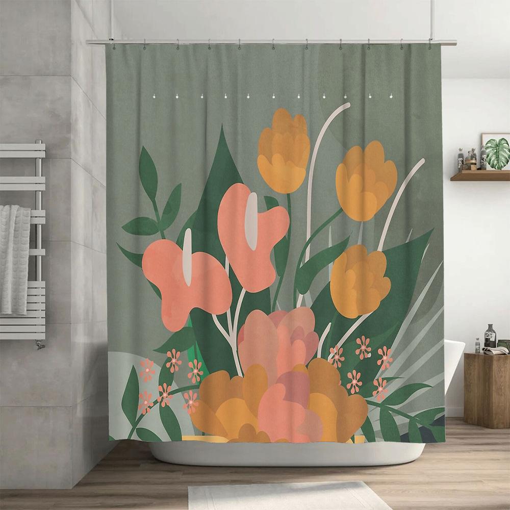 Floral Shower Curtain Botanical Pattern Bathroom Decor Nature Theme Waterproof Fabric Backdrop Modern Artistic Design Home Texti