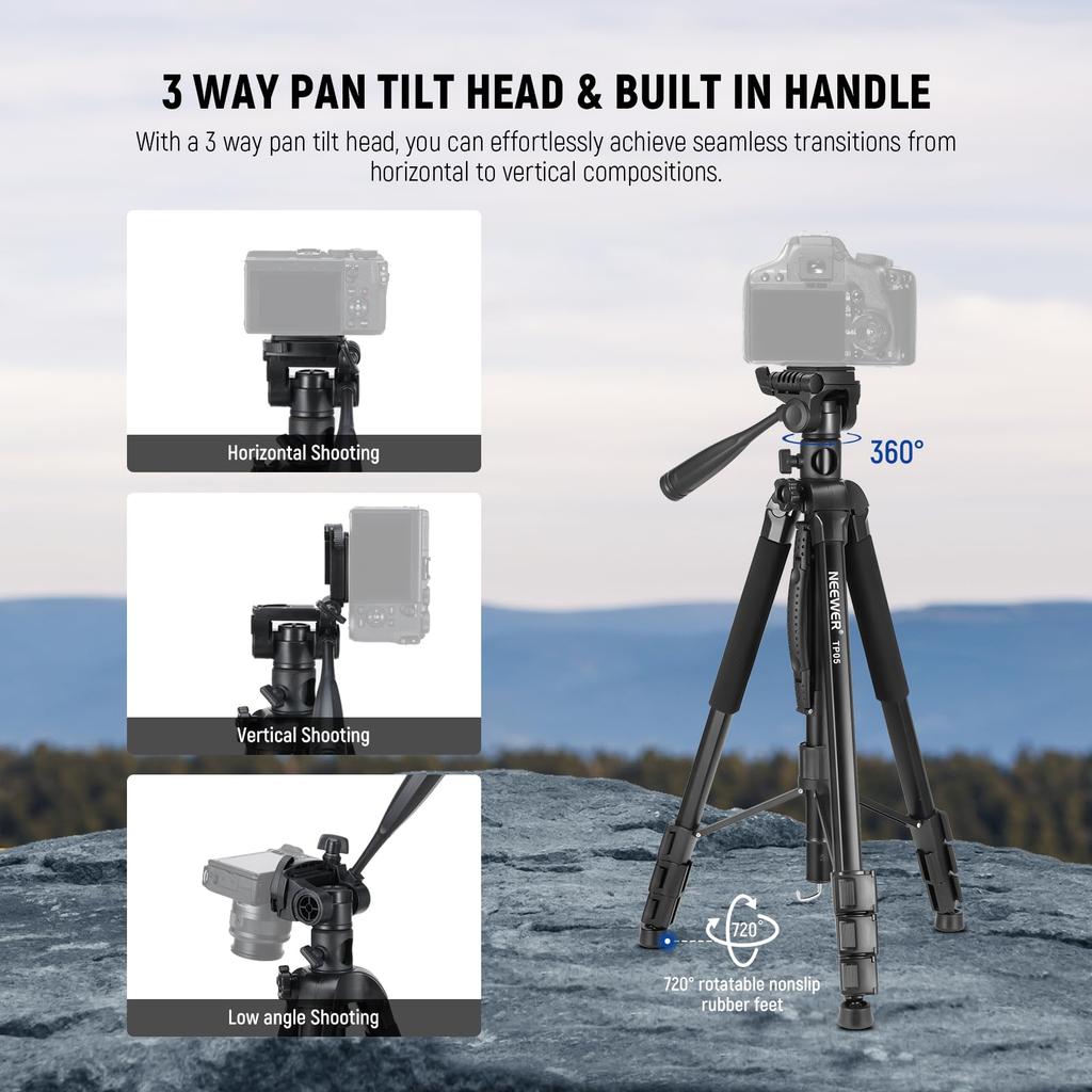 NEEWER TP05 Basic 189cm Video Tripod Monopod Aluminum 3-Way Pan Tilt Head Bluetooth Remote Overhead Shooting Smartphone Holder Black 8kg Load