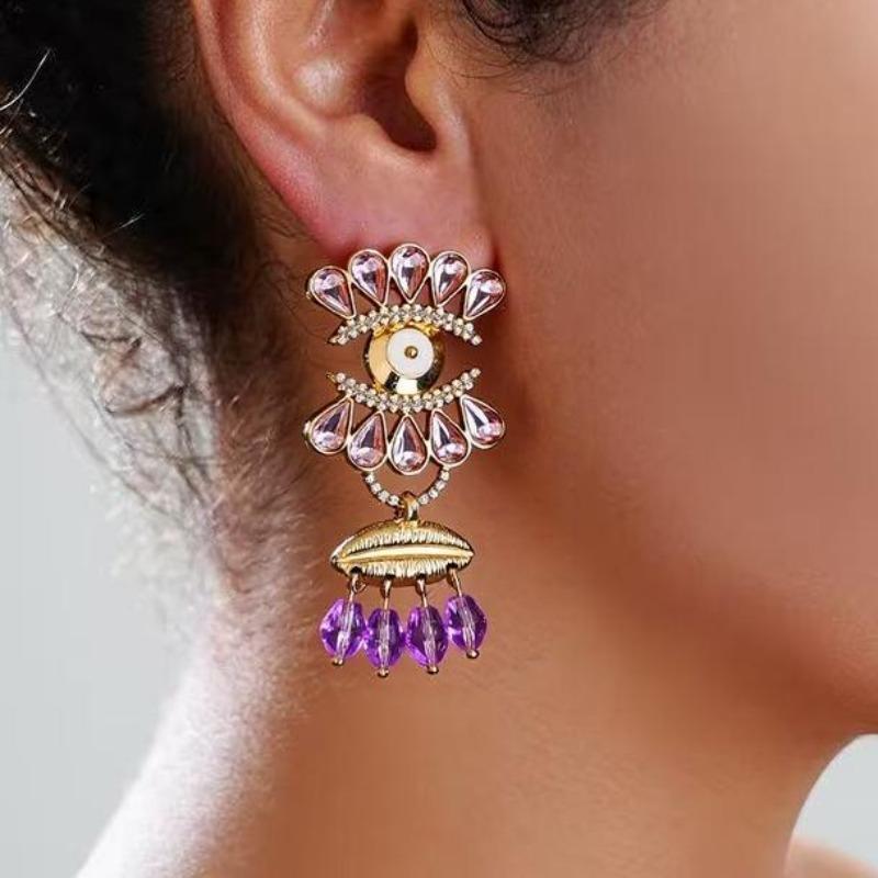 Exaggerated Devil'S Eye Earrings Medieval Vintage Light Luxury Full Diamond Earrings Eye Droplets Fringed Earrings