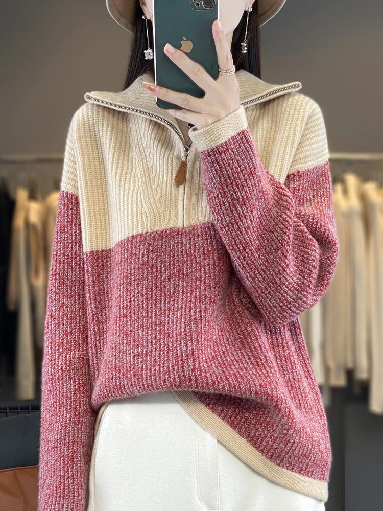 Color Block Wool Cashmere Sweater - Women's High-End Knitted Half-Open Collar Top
