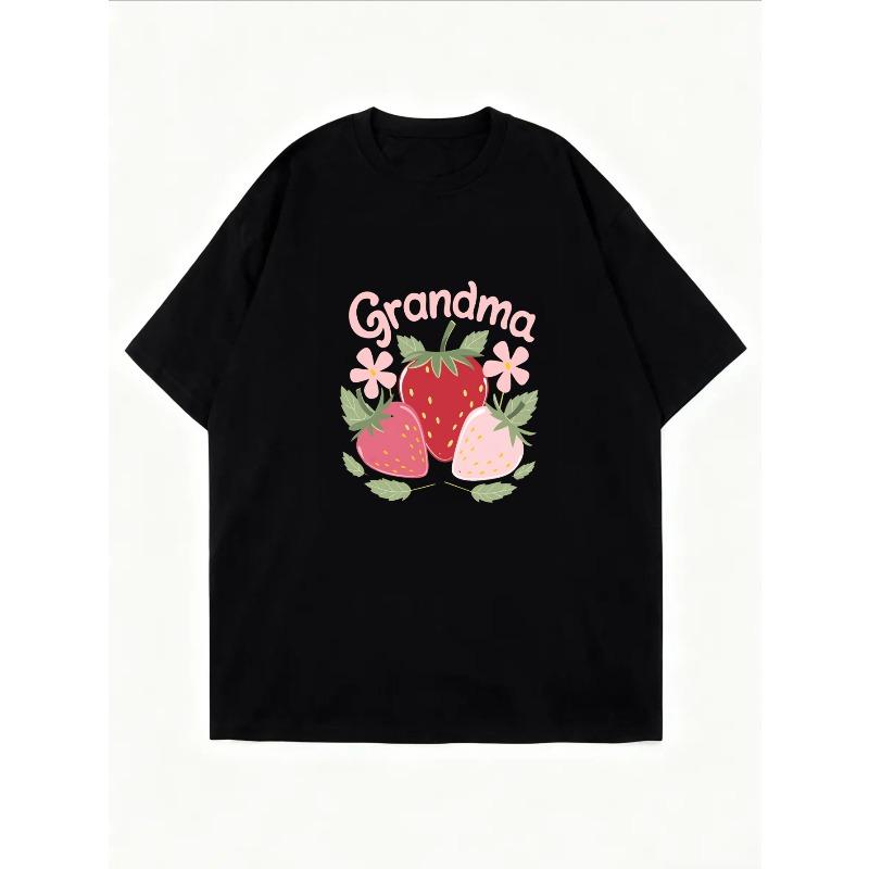White T-Shirt Grandma Strawberry And Flowers Print Casual Summer Outfit For Women